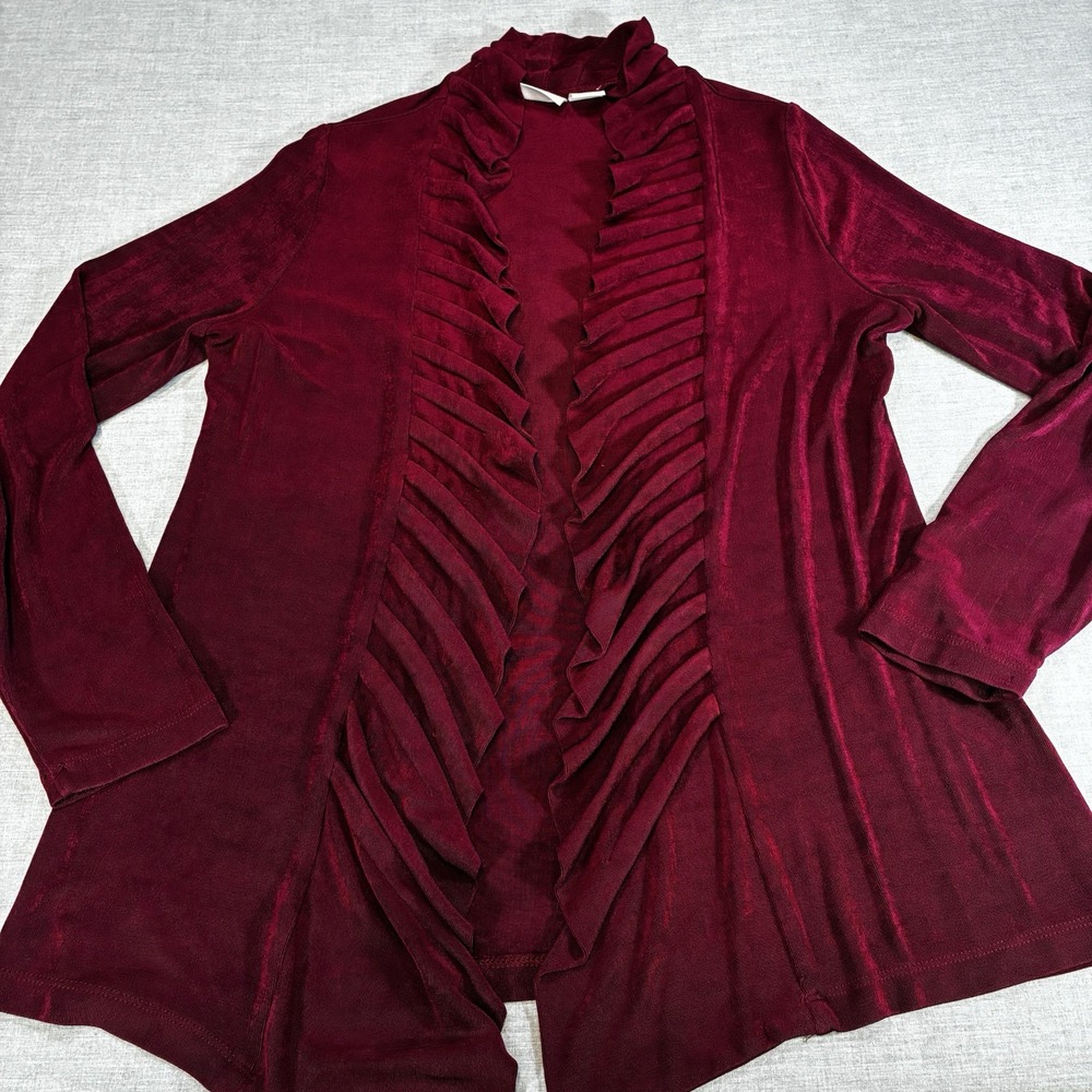 CHICO'S Travelers Size 0 Petite Small Red Open Front Cardigan Pleated Ruffle